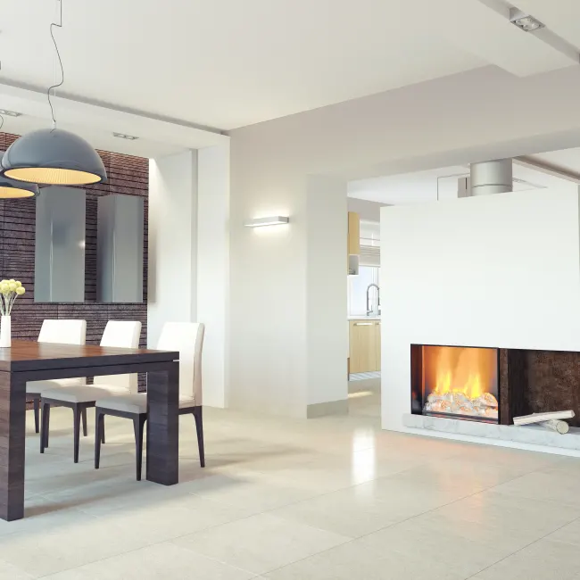 white wall with fireplace in a living room with light brown hardwood floor from Majestic Floors and More LLC in Waunakee, WI